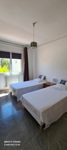 une chambre avec deux lits et une fenêtre dans l'établissement Villa Ange Azur 2, à Villeneuve-Loubet