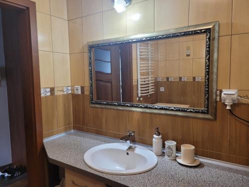 a bathroom with a sink and a mirror at Apartament w centrum Kętrzyn Mazury in Kętrzyn