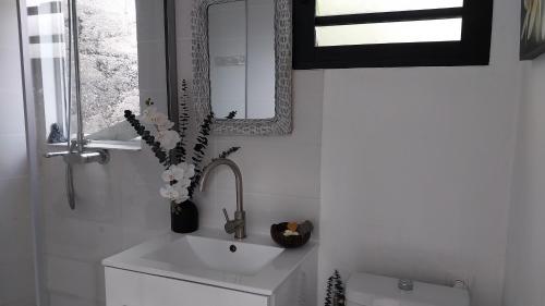 W łazience znajduje się umywalka i lustro. w obiekcie "Bungalow By Saeto" Hébergement privé chez l'habitant w mieście Saint-Paul