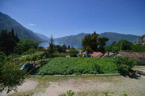 a garden with a view of a lake and mountains at B & M Apartments in Kotor