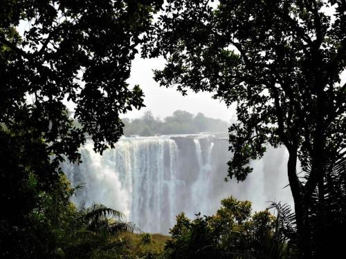 a view of a waterfall from behind trees at The Art House Victoria Falls in Victoria Falls