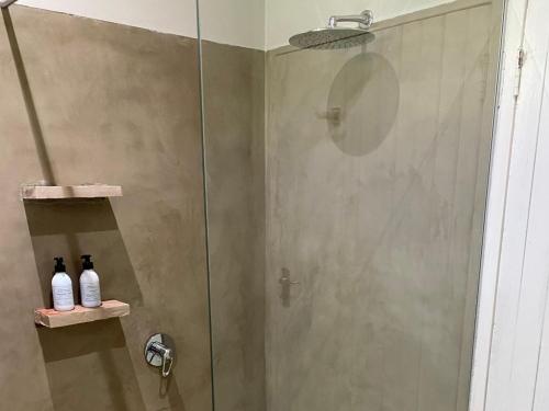 a shower with a glass door and two bottles on shelves at The Art House Victoria Falls in Victoria Falls