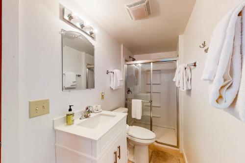 uma casa de banho branca com um lavatório e um WC em Northwoods Hideout em Phelps