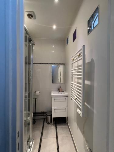 La salle de bains est pourvue d'une douche et d'un lavabo blanc. dans l'établissement Central location near the Sacré-Coeur, à Paris