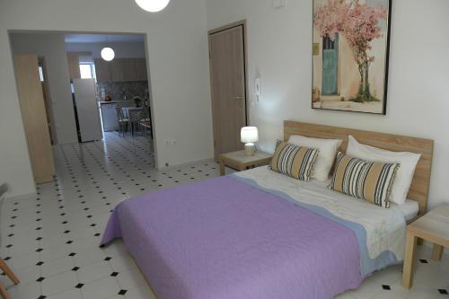 a bedroom with a large bed with a purple blanket at Evelyn's Cozy Apartment in Rhodes Town