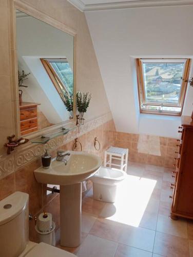 a bathroom with a sink and a toilet and a mirror at Penthouse Panorámico in Viveiro