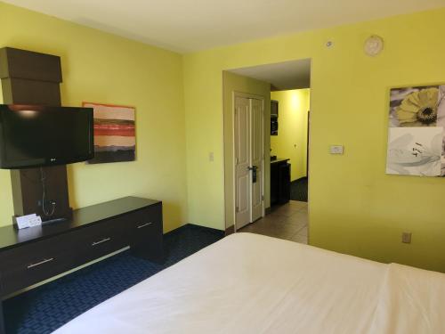 a bedroom with a bed and a flat screen tv at Holiday Inn Garland by IHG in Garland