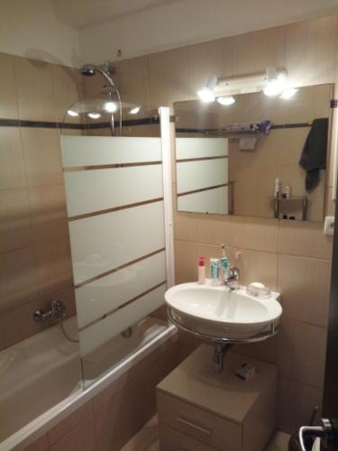 une salle de bain avec un lavabo et une baignoire dans l'établissement Joli appartement en Corse avec piscine, à Belgodère