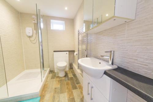 een badkamer met een wastafel, een toilet en een douche bij 2 bedroom luxury beach apartment Millendreath in Saint Martin