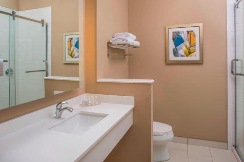 W łazience znajduje się umywalka, toaleta i lustro. w obiekcie Fairfield Inn & Suites by Marriott Cut Off-Galliano w mieście Galliano
