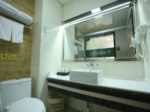 安慶的住宿－格林豪泰安庆市迎宾东路高铁站客运中心酒店，一间带水槽、卫生间和镜子的浴室