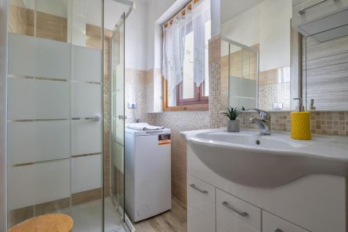 ein weißes Bad mit einem Waschbecken und einer Dusche in der Unterkunft Relax House and Fitness 8 in Villanova Monteleone