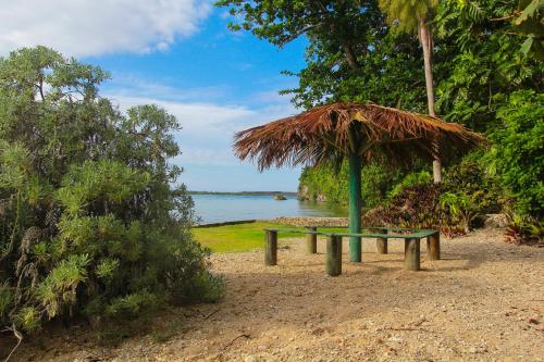 a bench with a straw umbrella on the beach at Zion Country in Manchioneal