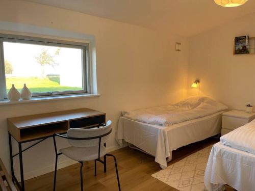 Schlafzimmer mit einem Bett, einem Schreibtisch und einem Fenster in der Unterkunft Pia´s Guesthouse in Askeby