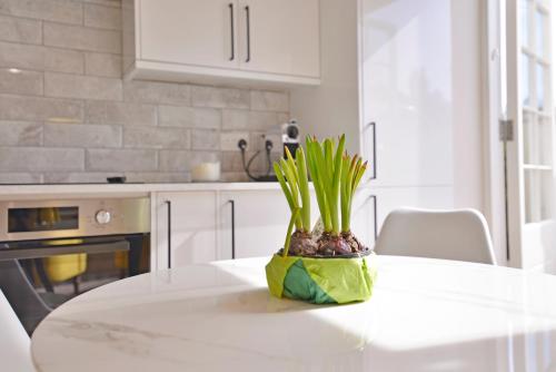 a white kitchen with a table with a plant on it at 1 bedroom flat in centre of Odiham- free parking in Odiham
