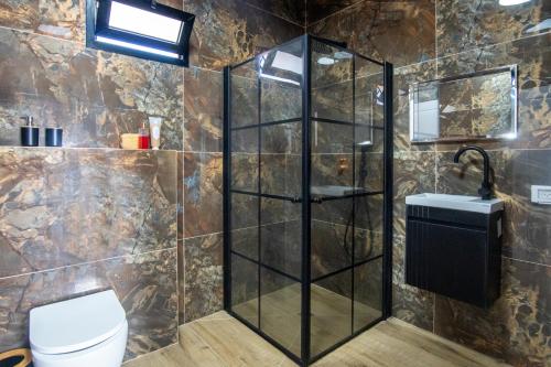 bagno con doccia in vetro e servizi igienici di לנפוש עם הנוף a Kefar H̱ananya
