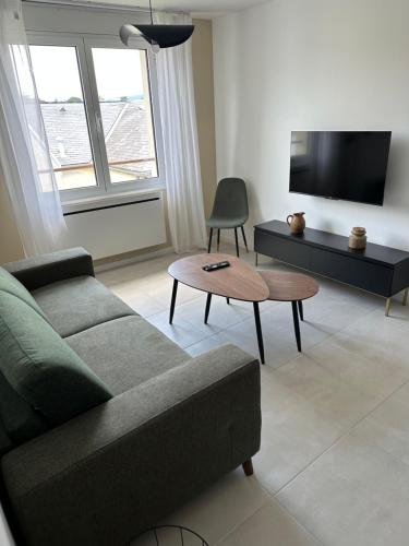 ルルドにあるAppartement neuf contemporainのソファとテーブルのあるリビングルーム