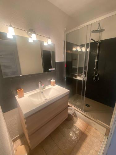 une salle de bain avec un lavabo blanc et une douche dans l'établissement T2 à 200m de la plage avec balcon avec WIFI, à Saint Pierre La Mer