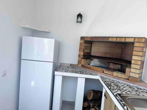 a kitchen with a white refrigerator and a fireplace at Villa Amaris in Santa Maria del Tietar