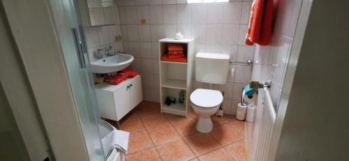 a small bathroom with a toilet and a sink at Fewo Hackländer in Hemmoor