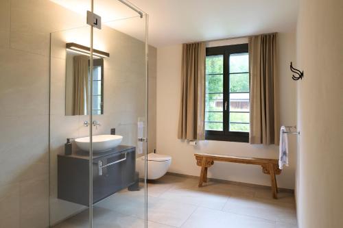 a bathroom with a sink and a glass shower at Eiger View Alpine Lodge in Grindelwald
