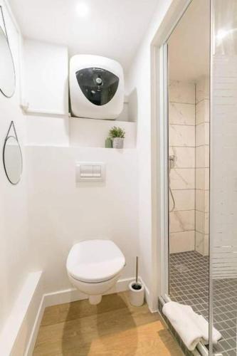 une salle de bain blanche avec toilettes et douche dans l'établissement Le Jade : au coeur du centre historique, à Dijon