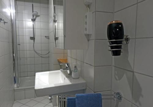 y baño blanco con lavabo y ducha. en Ferienwohnung Scheffelhaus, en Gengenbach