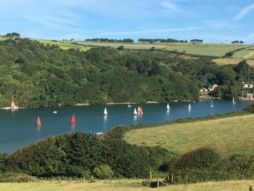 a group of boats in a river with trees at River View at White Horses, Bantham, South Devon with glorious estuary views in Bantham