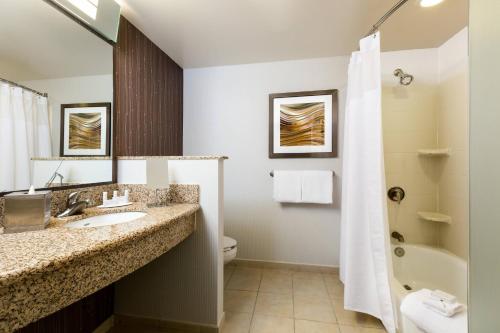 休斯頓的住宿－休斯頓廣場萬怡酒店，一间带水槽、浴缸和卫生间的浴室