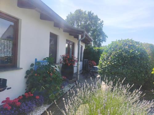 una casa con flores delante en Bungalow _Carpe diem_, en Heringsdorf