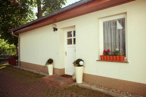 una casa blanca con dos macetas y una ventana en Dependance Villa Graziella, en Heringsdorf