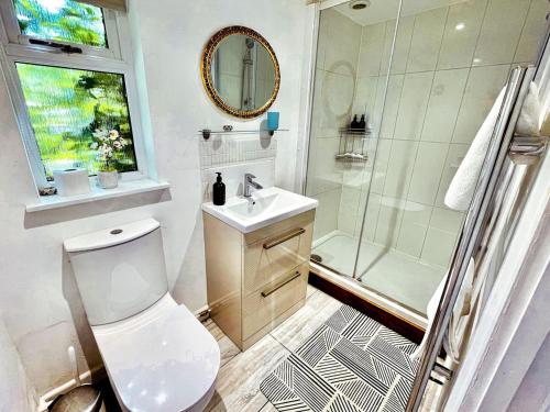 a bathroom with a toilet and a sink and a shower at Cosy Cottage with Log Burner, Large Garden, Dog Friendly! in Monks Eleigh
