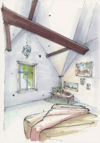 a drawing of a bedroom with a bed and a window at La Dominotte Arcen in Arcen