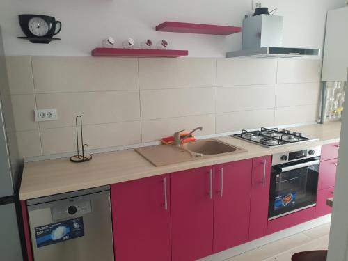 a kitchen with pink cabinets and a sink at Cristian Apartment in Cristian