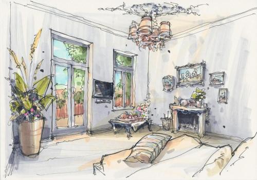 a drawing of a living room at La Dominotte Arcen in Arcen