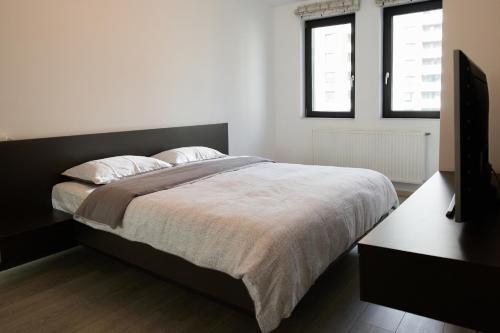 a bedroom with a large bed and two windows at BTA Apartment Park Lake in Cluj-Napoca
