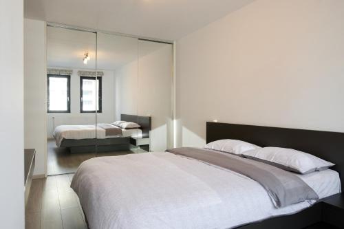 a bedroom with a large bed and a mirror at BTA Apartment Park Lake in Cluj-Napoca