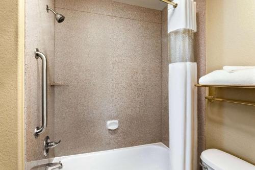 a bathroom with a shower and a toilet at Baymont by Wyndham Wichita Falls in Wichita Falls