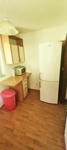 a kitchen with a white refrigerator and a wooden floor at Holiday House Jezerka in Bohinj