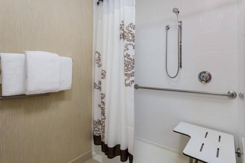 een badkamer met een douche en een douchegordijn bij Residence Inn Houston Downtown/Convention Center in Houston