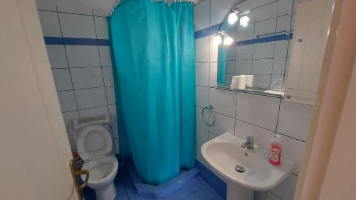 cortina de ducha azul en el baño con aseo y lavamanos en Anarrousa Studios & Apartments, en Evdilos