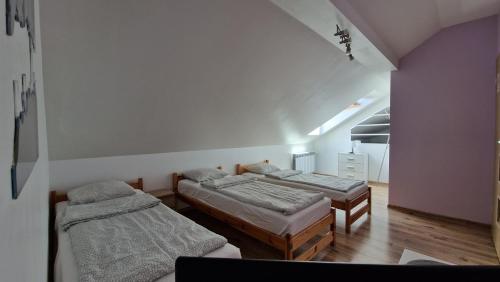 een kamer met 2 bedden en een trap bij Vip Village in Miedzierza