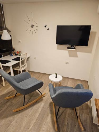 马里博尔Studio Apartma V8的有两把椅子和一台电视的客厅