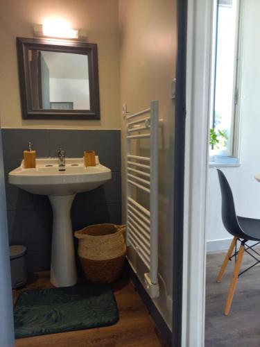uma casa de banho com um lavatório e um espelho em Maison Thalène em Longraye