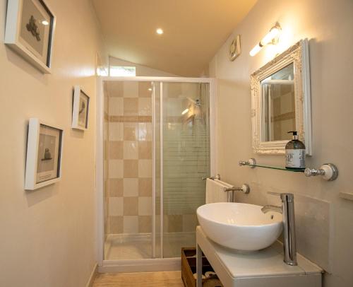 a bathroom with a sink and a glass shower at Treetops Lodge, Bantham, South Devon, a tranquil rural retreat in Aveton Gifford
