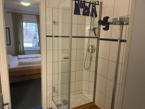 W łazience znajduje się prysznic ze szklanymi drzwiami. w obiekcie Seeblick Wohnung 102 mit Ostseeblick w Koserowie