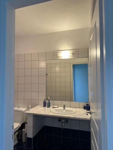 uma casa de banho com um lavatório, um WC e um espelho. em Villa Il Paradiso Andros em Gavrio