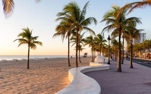 a sidewalk on a beach with palm trees and the ocean at Ft Lauderdale Jewel in Fort Lauderdale