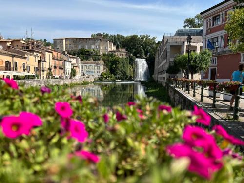 a waterfall in the middle of a river with pink flowers at La finestra sulla cascata in Isola del Liri