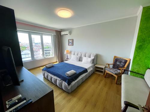 um quarto com uma cama, uma televisão e uma cadeira em Amazing view central 1 bedroom apartment em Pazardzhik